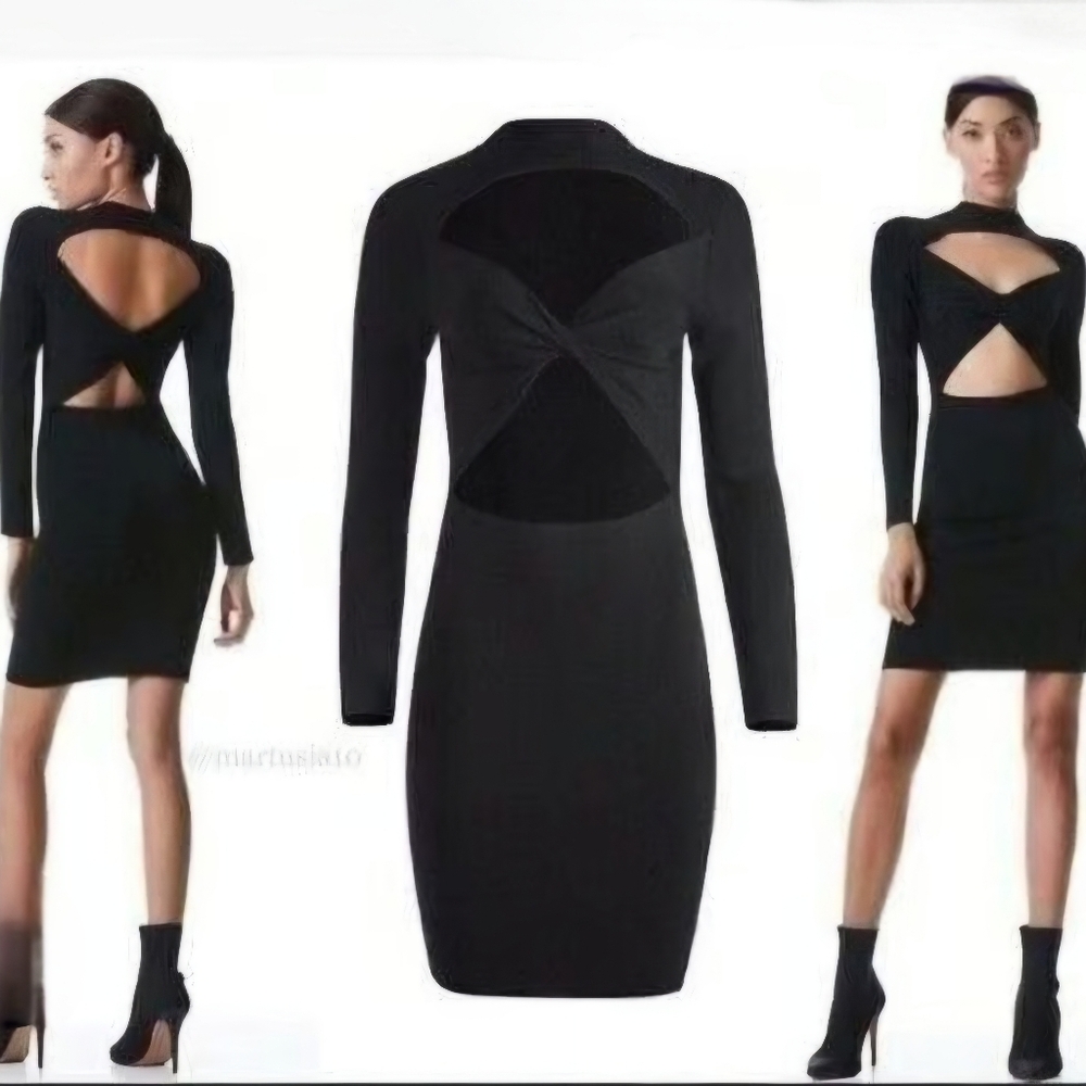 Alice + Olivia Claasics Estelle Reversable Black Long Sleeve Ribbed Knee Dress
